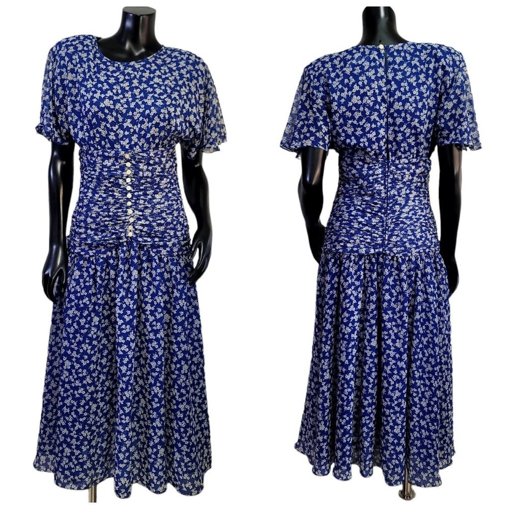 Vintage Anthony Norman‎ Grainne Blue Ditsy Floral Chiffon Ruched Waist Dress
